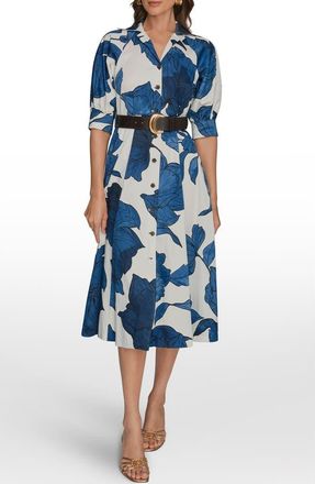DKNY Belted Stretch Cotton Shirtdress in Cream/Nightfall Multi at Nordstrom, Size 16