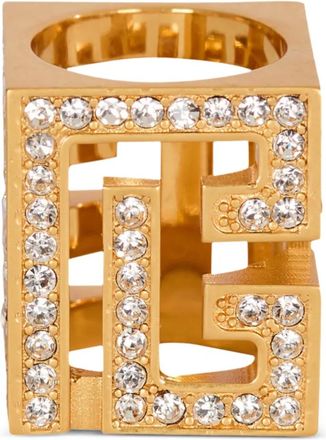 Balmain rhinestone cube ring - women - Brass - S - Gold