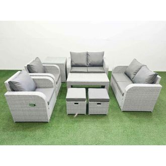 Fimous 8 Seater Outdoor Reclining Chair Love Sofa Set Rattan Garden Furniture Set with Oblong Coffee Table 2 Stools Side Table Light Grey - Fimous