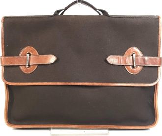 Herm&egrave;s Buenaventura Brown Leather Canvas Briefcase Tote Bag (Pre-Owned)