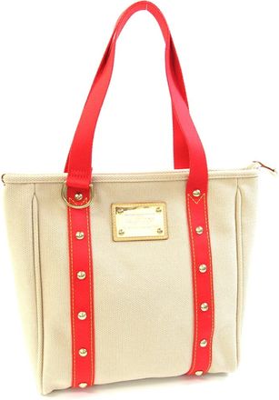 Louis Vuitton Beige Red Color Canvas Tote Bag (Pre-Owned)