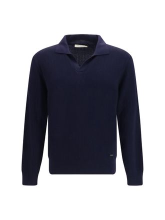 Brooksfield Polo Collar Fleece Wool Sweater - Navy