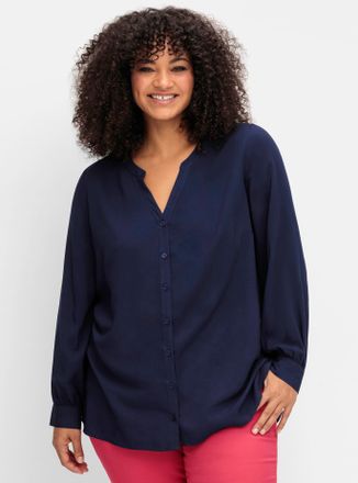 Sheego Longbluse SHEEGO, Damen, Gr. 40, blau (tiefblau), 100% Viskose, unifarben, V-Ausschnitt, Blusen Longbluse