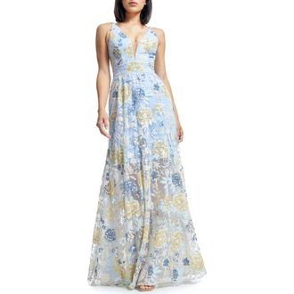 Dress The Population Samira Embellished Chiffon Gown in Sky Multi at Nordstrom Rack, Size X-Large