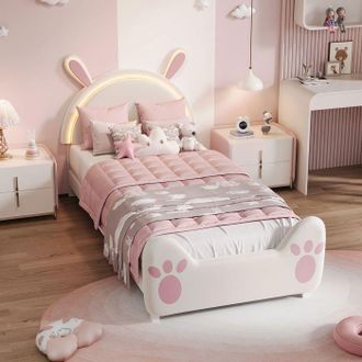 OEM Cama Infantil - Conejo Con Orejas Rosas - 90x200 Cm - Terciopelo Blanco Y Rosa - Led Rgb Y 2 Cajones