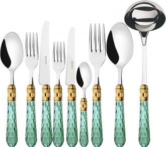 Bugatti Cristallo Ghiera Dorata, Posate Set 75 Pz, Scatola Weng&egrave; - Colore: Verde