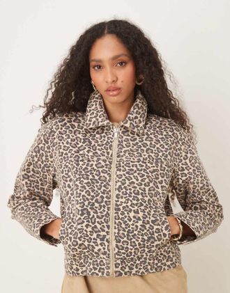 Abercrombie & Fitch denim front zip workwear jacket in leopard print-Multi