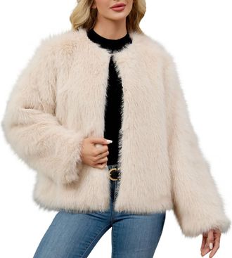 Generic Faux Fur Coat for Women Uk - Soft Comfy Winter Warm Cropped Jackets, Cosy Long Sleeve V Neck Plush Jacket, Ladies Elegant Open Front Cardigans, Windpr