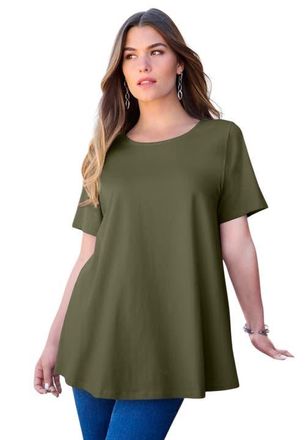 Roaman's Plus Size Ultimate Cotton Crewneck Short Sleeve Swing Tee in Dark Olive Green at Nordstrom, Size Medium