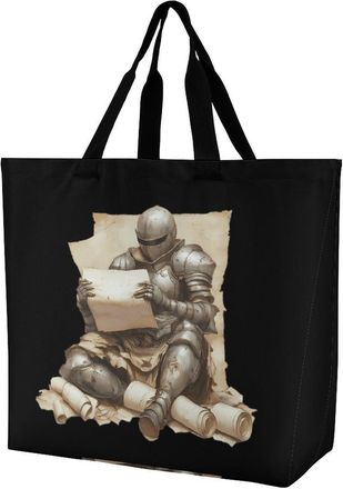 Generic Armored Knights Reading Treasure Map Reusable Shopping Bags Large Capacity Grocery Bag Heavy Duty Tote for Women 40x40x16cm