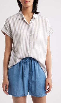 Beach Lunch Lounge Kenzie Stripe Short Sleeve Button-Up Shirt in Sandy Shore at Nordstrom, Size X-Small