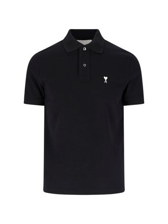 Ami Ami De Coeur Embroidered Black Cotton Polo Shirt