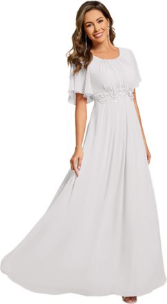 Ever-pretty Womens Maxi Evening Dress Chiffon with Applique Round Neck Ruffles Sleeve Floor Length White 16UK