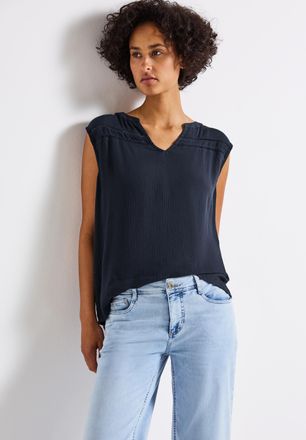 Street One Blusentop STREET ONE, Damen, Gr. 40, blau (deepwater blau), Web, Obermaterial: 100% Viskose, Crinkleoptik, regular fit taillenbedeckt, Rundhals, Bluse