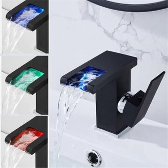 OEM Grifo De Lavabo Tuserxln Negro Con Efecto Cascada Y Luz Led - Grifo De Ba&ntilde;o - Grifo Mezclador De Lavabo Negro Cromado Bajo - Grifo De Estilo Vintage