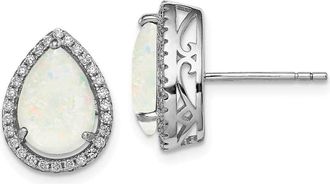 Diamond2Deal Sterling Silver Rhodium Polished Simulated Opal & CZ Stud Earrings