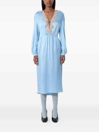 Prada lace satin V-neck midi dress - Blauw