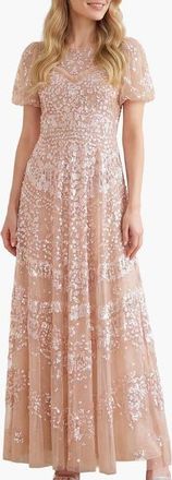 Needle & Thread Anais Sequin Short Sleeve Gown in Biscuit at Nordstrom, Size 10