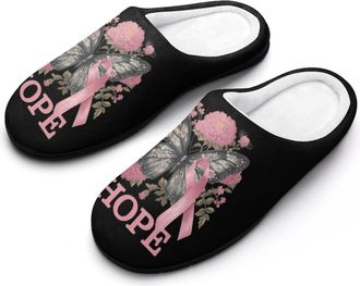 Generic Butterflys Flower Breast Cancer Ribbon Slippers Men Winter Warm Cotton Anti-Slip Indoor Slip-Ons House Shoes