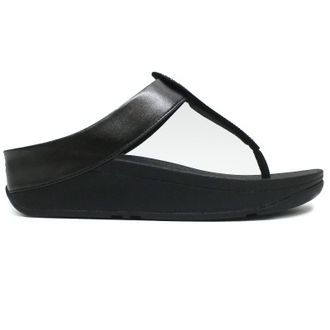 FitFlop Fino Crystal Detail Metallic Toe Post PU Microfibre Womens Wedge Sole Sandals - All Black - Size:UK 5.5