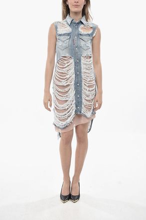 Dsquared2 Distressed Denim Shirtdress With Inner Slip Dsquared2