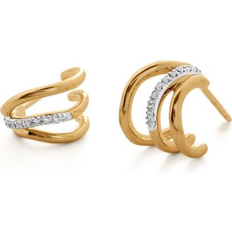 Monica Vinader Riva Pav&eacute; Diamond Triple Wave Huggie Hoop Earrings in 18Ct Gold Vermeil On Sterling at Nordstrom