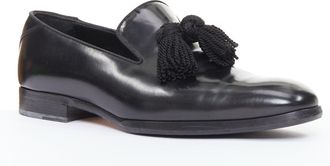 Jimmy Choo London Foxley black shiny calf leather rope tassel loafers