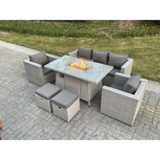 Fimous Light Grey Rattan Garden Furniture Set Gas Fire Pit Dining Table Set Heater Burner Chairs With 2 pc Stools - Fimous