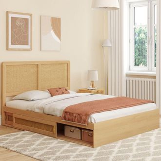 IDMarket Cama Doble Edhen Con Cabecero De Ca&ntilde;a, Espacio De Almacenamiento Y Somier De L&aacute;minas De Color Madera De 140 X 190 Cm