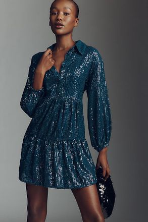 Maeve Bettina Sequined Tiered Mini Shirt Dress