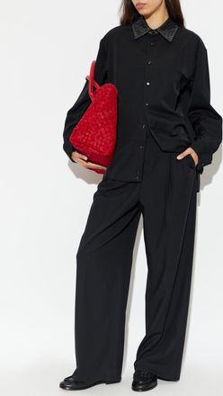 Bottega Veneta Wool Shirt With Leather Collar, Womens, Black