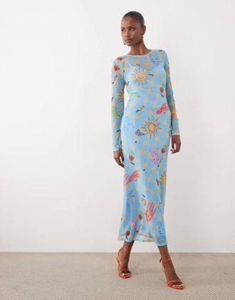 Never Fully Dressed Vestito midi a maniche lunghe in rete blu con stampa celestiale