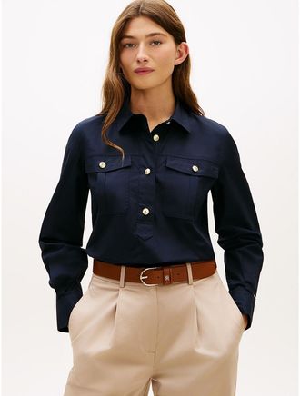 Tommy Hilfiger Womens Relaxed Fit Gold-Button Poplin Shirt - Navy - XXL