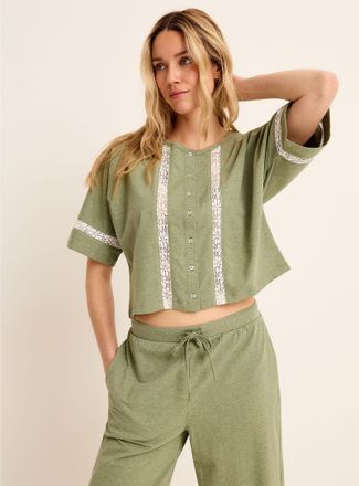 Miiyu Womens Lace-accent Supima cotton buttonned boxy T-shirt