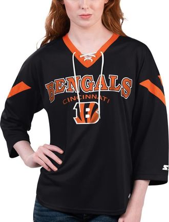 Starter Womens Starter Black Cincinnati Bengals Rally Lace-Up 3/4 Sleeve T-Shirt at Nordstrom, Size X-Small