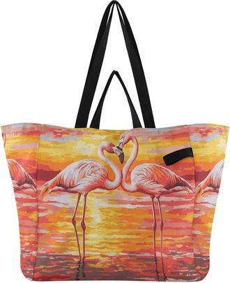 Generic Sunset Orange Flamingo print Reusable Canvas Tote Bag, Heavy Duty Grocery Shopping Bag with Double Handles Hard Bottom Large Capacity Work Groceries T