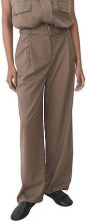 Mango Oliana Belted Pleated High Waist Pants in Medium Brown at Nordstrom Rack, Size 10