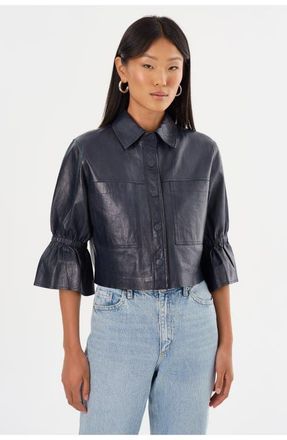 LaMarque CAROLINA | Leather Ruffle Sleeve Jacket in Navy at Nordstrom, Size Xx-Small