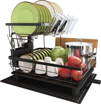 Elle Escurridor De Platos De Acero Inoxidable De 2 Niveles Con Soportes Para Tazas Y Utensilios, Drenaje Autom&aacute;tico, Ahorra Un 60 % De Espacio
