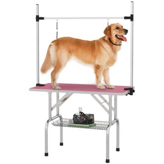 OEM Mesa De Peluquer&iacute;a Canina Plegable Con Cesta Met&aacute;lica Barra De Acero Inoxidable Ajustable 107x60x164 Cm Rosa