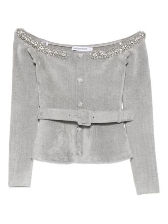 Self Portrait Grey Chenille Knit Crystal Trim Top Clothing