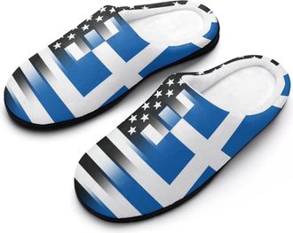 Generic US & Greece Flag Funny Mens Cotton Slippers Soft Non-Slip Rubber Sole House Slipper Indoor Outdoor