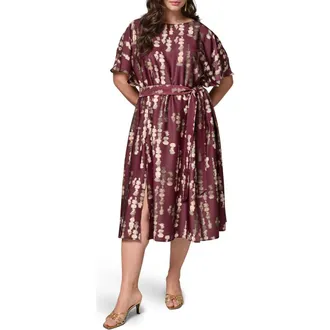 DKNY Print Stretch Satin Midi Dress in Black Cherry at Nordstrom, Size 14W