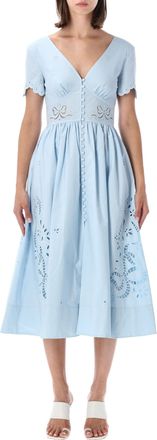 Self Portrait Blue Embroidered Cotton Midi Dress
