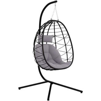 OUTSUNNY Silla Colgante Huevo Con Soporte Columpio Jard&iacute;n Exterior Con Cesta Plegable Coj&iacute;n Reposacabezas Para Interior Y Exterior Carga 120 Kg Caqui
