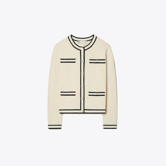 Tory Burch Womens Kendra Cardigan in White/Blue, size XL