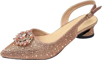 Generic Womens Shoes and Bag Set Sparkly Crystal Decoration Low Mid Heel Dress Pumps Matching Gold Chain Handbag
