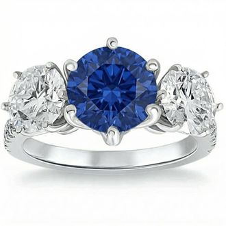 Pompeii3 Certified 6 3/4Ct Blue Sapphire Diamond Ring Three Stone Gold Lab Grown