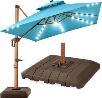 Best Choice Products 10ft Square Woodgrain Pattern 2-Tier Outdoor Solar LED Cantilever Umbrella w/ Base