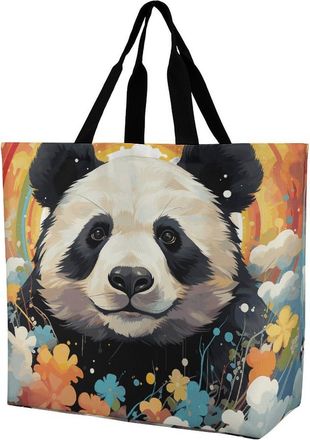 Generic Rainbow Cartoon Panda Shopper Bag Durable Grocery Bag Foldable Shoulder Bags For College Daily Use Travel